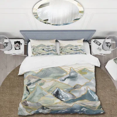 Design Art Minimalistic Gouache Landscape I - Modern Duvet Cover Set - Microfiber Polyester In Green,gold,blue