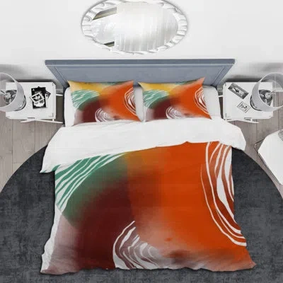 Design Art Minimalistic Red Green And Brown Brushes I - Modern Duvet Cover Set - Microfiber Polyester In Green;orange