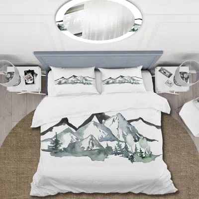Design Art Minimalistic Winter Mountains And Fir Forest I - Modern Duvet Cover Set - Microfiber Polyester In White;gray