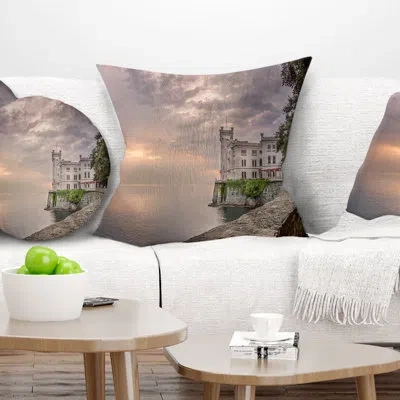 Design Art Miramare Castle At Sunset - Landscape Printed Pillow In Blue;black;brown;green;red;yellow