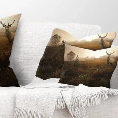Design Art Mist Forest With Deer Stag Landscape Photo Lumbar Rectangular Pillow Cover & Insert In Brown