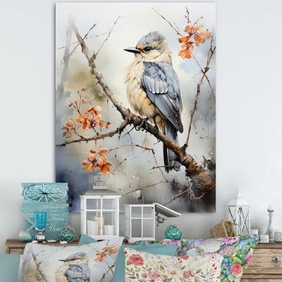 Design Art Misty Blueray Bird On Branch I - Bird Canvas Print In Wrapped Canvas