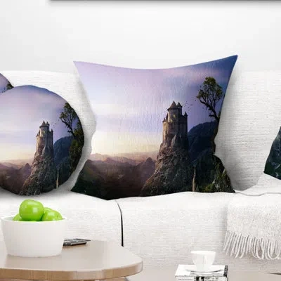 Design Art Misty Castle Landscape - Landscape Printed Pillow In Green;purple