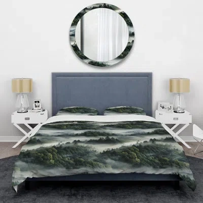 Design Art Misty Forest Moody Patterns I- Abstract Duvet Cover Set - Microfiber Polyester In Green