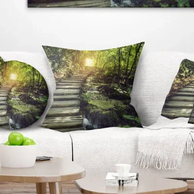 Design Art Misty Journey Ahead - Landscape Printed Throw Pillow In Green