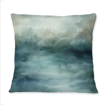 Design Art Misty Lake Serenity Retro Watercolor Ii - Lake Printed Throw Pillow In Blue