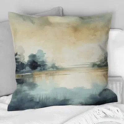 Design Art Misty Lake Tranquility Retro Watercolor I - Lake Printed Throw Pillow In White