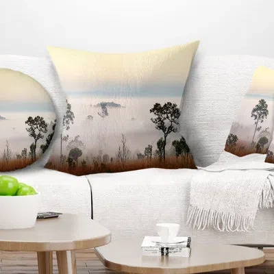 Design Art Misty Morning Panorama - Landscape Printed Pillow In Blue;black;brown;green;red;yellow