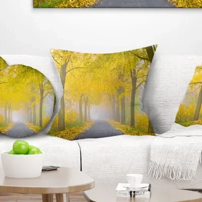 Design Art Misty Road In Autumn Forest Landscape Photography Square Pillow Cover & Insert In Yellow