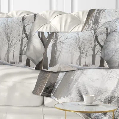 Design Art Misty Rural Road In Winter Forest - Forest Printed Throw Pillow