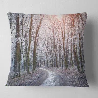 Design Art Misty Trail In Autumn Forest - Landscape Printed Pillow In Grey