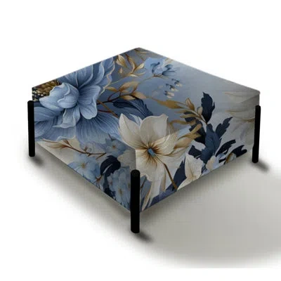 Design Art Misty Whispers Moody Patterns - Floral Large Square Ottoman In Blue;white