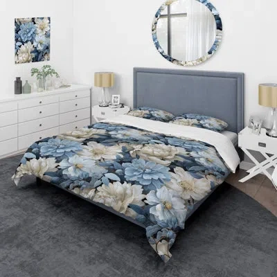 Design Art Misty Whispers Moody Patterns I - Floral Duvet Cover Set In Blue;white