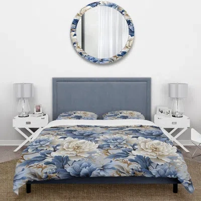 Design Art Misty Whispers Moody Patterns Ii- Floral Duvet Cover Set - Microfiber Polyester In Blue;white