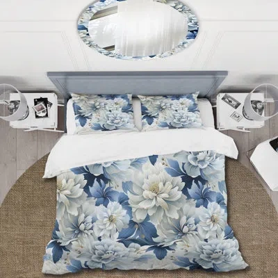 Design Art Misty White And Blue Floral Damask - Damask Duvet Cover Set