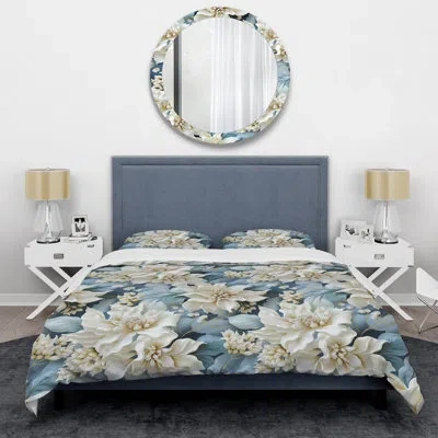 Design Art Misty White And Blue Floral Damask I - Damask Duvet Cover Set