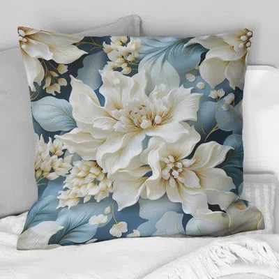 Design Art Misty White And Blue Floral Damask I - Damask Polyester Throw Pillow
