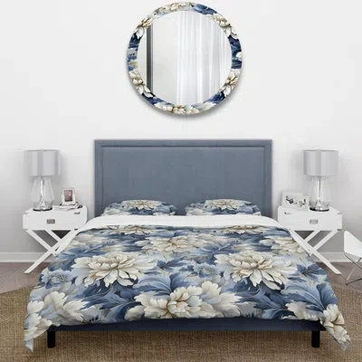 Design Art Misty White And Blue Floral Damask Ii - Damask Duvet Cover Set