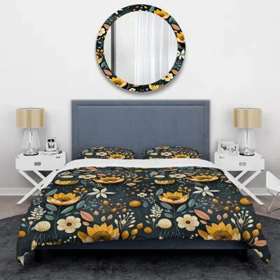 Design Art Mod Botanical Delight I - Midcentury Duvet Cover Set - Microfiber Polyester In Blue;yellow