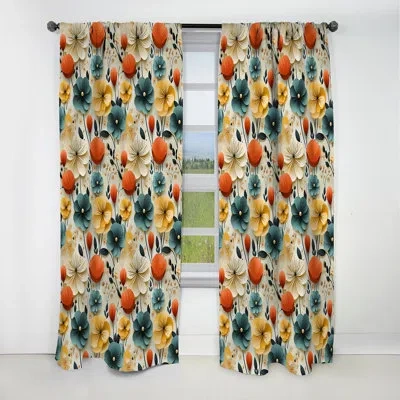 Design Art Mod Botanical Delight Ii - Midcentury Curtain - Blackout Geometric Curtain - 1 Panels In Orange;teal