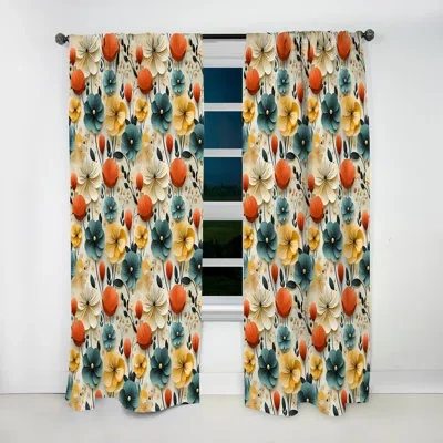 Design Art Mod Botanical Delight Ii - Mid-century Curtain - Velvet Room Darkening - 1 Panel In Orange;teal