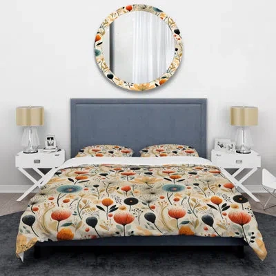 Design Art Mod Botanicals Ii- Midcentury Duvet Cover Set - Microfiber Polyester In Beige;orange