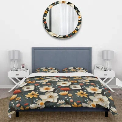Design Art Mod Botanicals Iii - Midcentury Duvet Cover Set - Microfiber Polyester In White;yellow