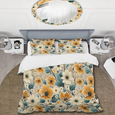 Design Art Mod Floral Nostalgia I- Midcentury Duvet Cover Set - Microfiber Polyester In Blue;yellow