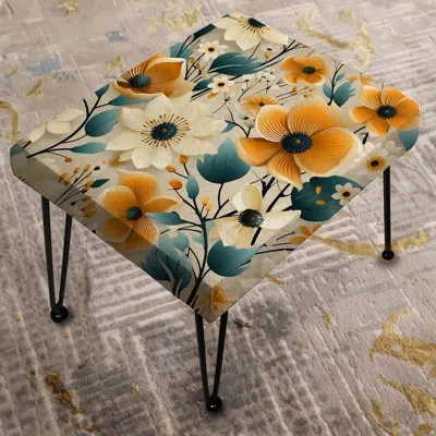 Design Art Mod Floral Nostalgia I - Midcentury Rectangle Ottoman In Yellow;teal