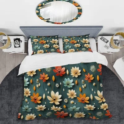 Design Art Mod Floral Nostalgia Ii - Midcentury Duvet Cover Set In White;teal