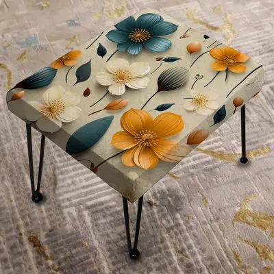Design Art Mod Floral Nostalgia - Midcentury Rectangle Ottoman In Yellow;teal