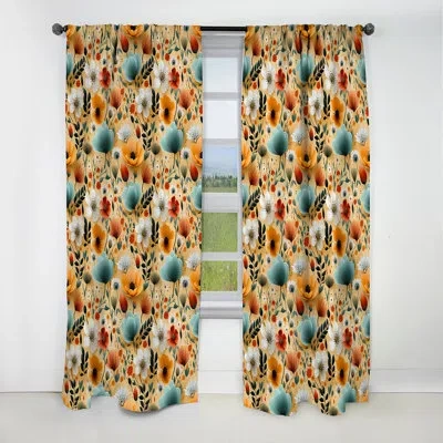 Design Art Mod Floral Nostalgia V - Midcentury Curtain - Blackout Geometric Curtain - 1 Panels In White;beige