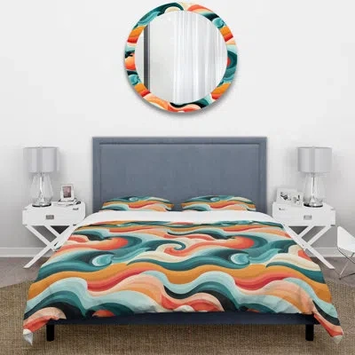 Design Art Mod Wave Revival - Midcentury Duvet Cover Set - Microfiber Polyester In Pink;teal