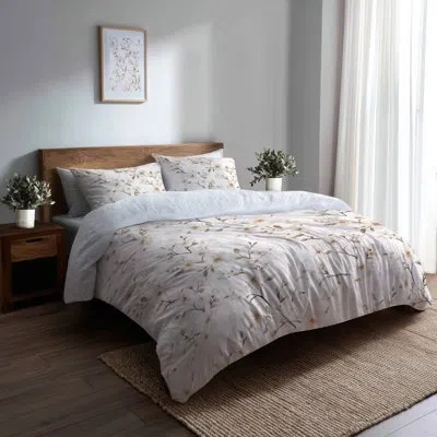 Design Art Modern 4 Pcs Bedding Set - Floral White Blossom Bed Comforter Set