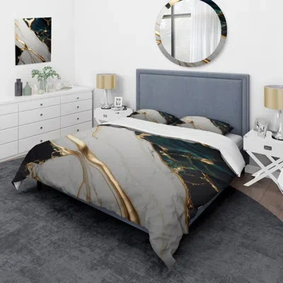 Design Art Modern 4 Pcs Comforter Set - Abstract Geode Gold And Green Marble Ii Comforter Bedding Set In Green;gold