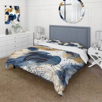 Design Art Modern 4 Pcs Comforter Set - Abstract Pattern With Blue & Golden Textures Ii Comforter Bedding Set In Blue;gold