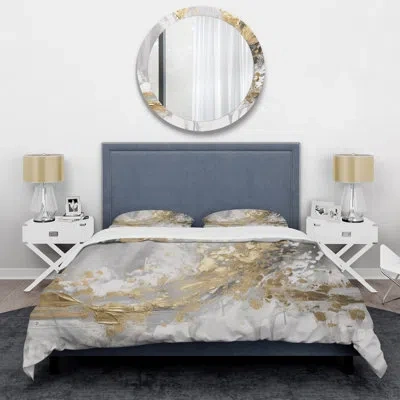 Design Art Modern 4 Pcs Comforter Set - Gold And White Colliding Abstract Comforter Bedding Set In White;gold
