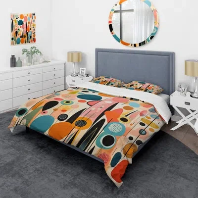 Design Art Modern 4 Pcs Comforter Set - Pink Mid Century Playful Patterns Ii Bedding And Throw Pillow Set In Blue;pink