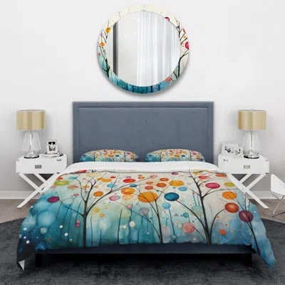 Design Art Modern 4 Pcs Comforter Set - Teal Mid Century Retro Reflections With Shams And Throw Pillows In Teal;orange