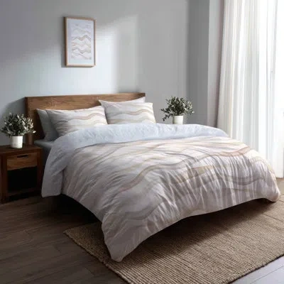 Design Art Modern 6 Pcs Comforter Set - Abstract Neutral Waves Comforter Bedding Set In Brown;white