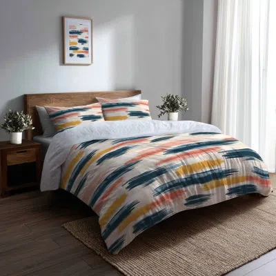 Design Art Modern 6 Pcs Comforter Set - Blue Horizon Ikat Comforter Bedding Set In Blue;red
