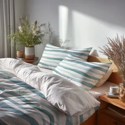 Design Art Modern 6 Pcs Comforter Set - Striped Green And White River Lines Comforter Bedding Set In Green;white