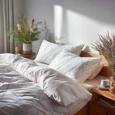 Design Art Modern Bed Comforter Set Of 4 - Abstract Breeze Lines Bedding Set In Blue;white