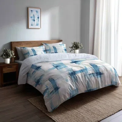 Design Art Modern Bedding Set 3 Pcs - Blue Light Horizon Plaid Duvet Cover And Throw Pillow Set In Blue;white
