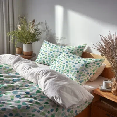 Design Art Modern Bedding Set 4 Pcs - Abstract Green Wash Dot Bed Comforter Set In Blue;green
