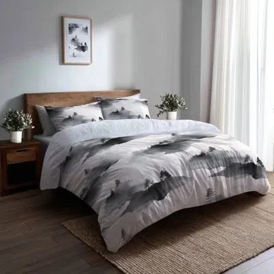 Design Art Modern Bedding Set 4 Pcs - Black Shadow Forest Cloud Bed Comforter Set In Black;gray