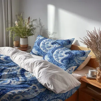 Design Art Modern Bedding Set 4 Pcs - Blue Paisley Harmony Bed Comforter Set In Blue;white