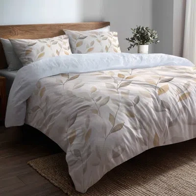 Design Art Modern Bedding Set 4 Pcs - Floral Cream Leaves Bed Comforter Set