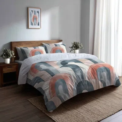 Design Art Modern Bedding Set 4 Pcs - Grey Arc Line Midcentury Bed Comforter Set In Gray;pink