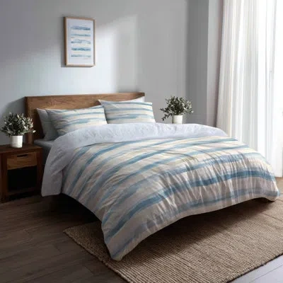 Design Art Modern Bedding Set 4 Pcs - Striped Blue And Beige Soft Horizon Bed Comforter Set In Blue;beige